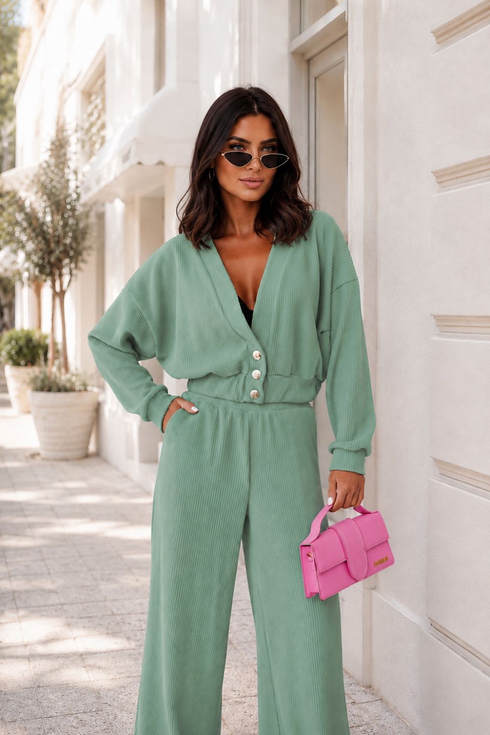  ribbed co-ord with cropped cardigan and wide-leg trousers.-2