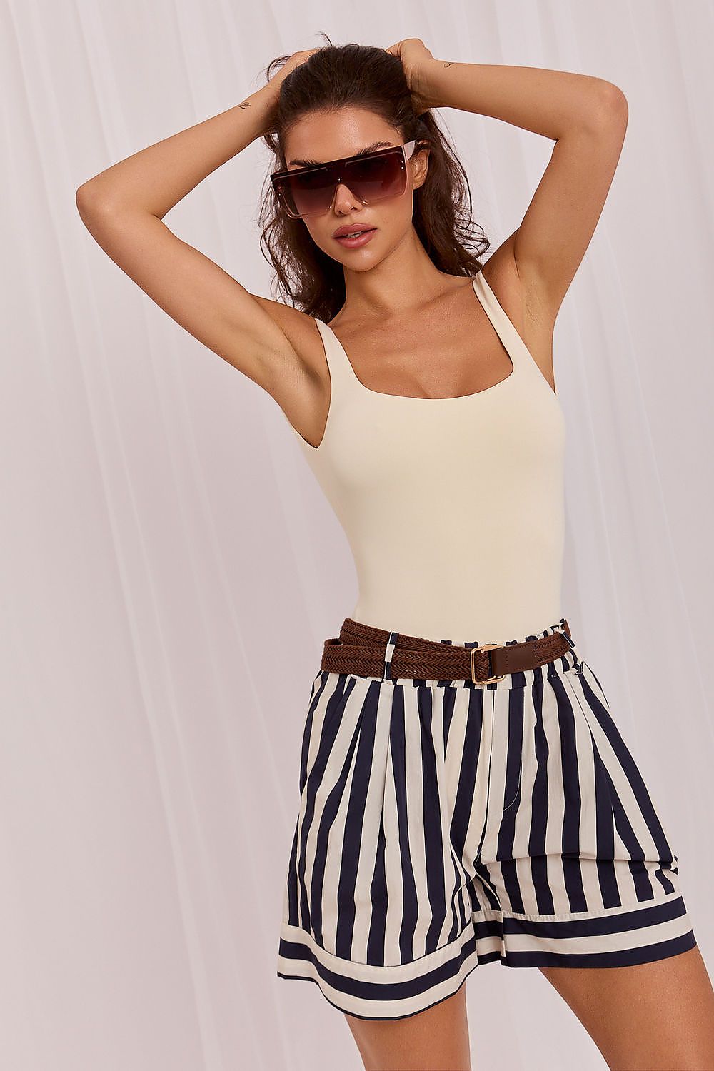  striped cotton shorts with a relaxed wide-leg fit, matching waist belt and side pockets-3