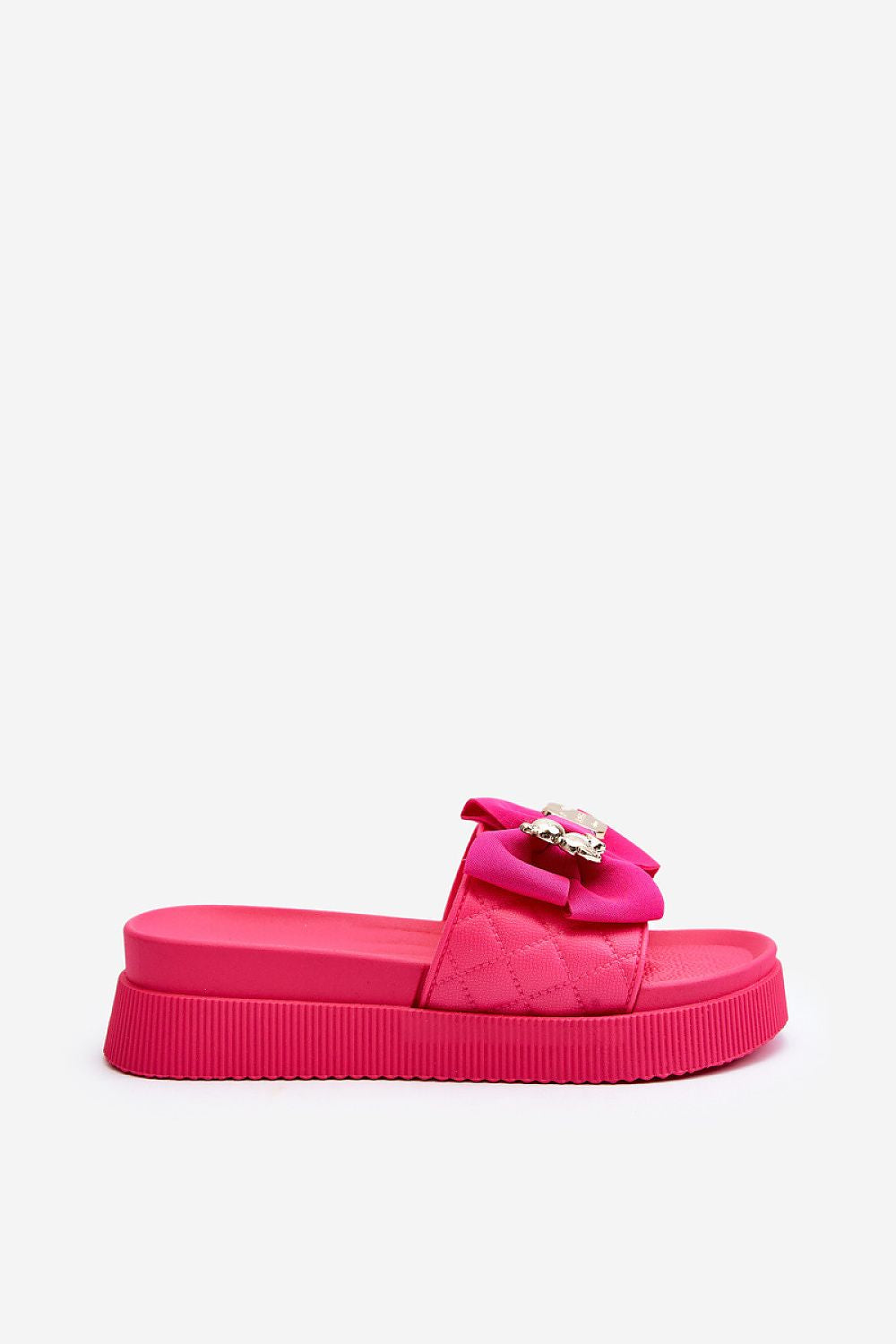 Pink platform sandals with oversized fabric bow and decorative bear buckle detail-3