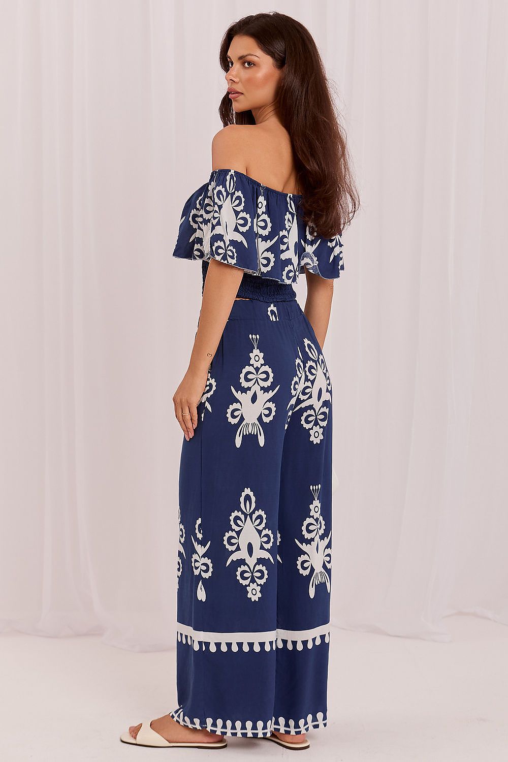 The Santorini Boho Co-Ord Set in blue featuring a Bardot blouse and matching printed trousers-3