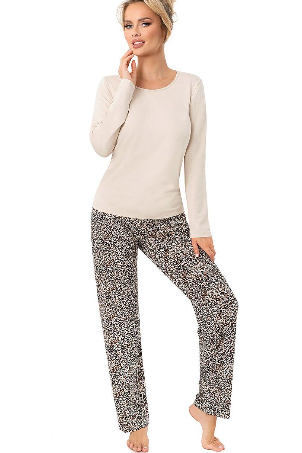 Women's Omari Long pyjama set with a beige long-sleeved top and black leopard-print trousers.