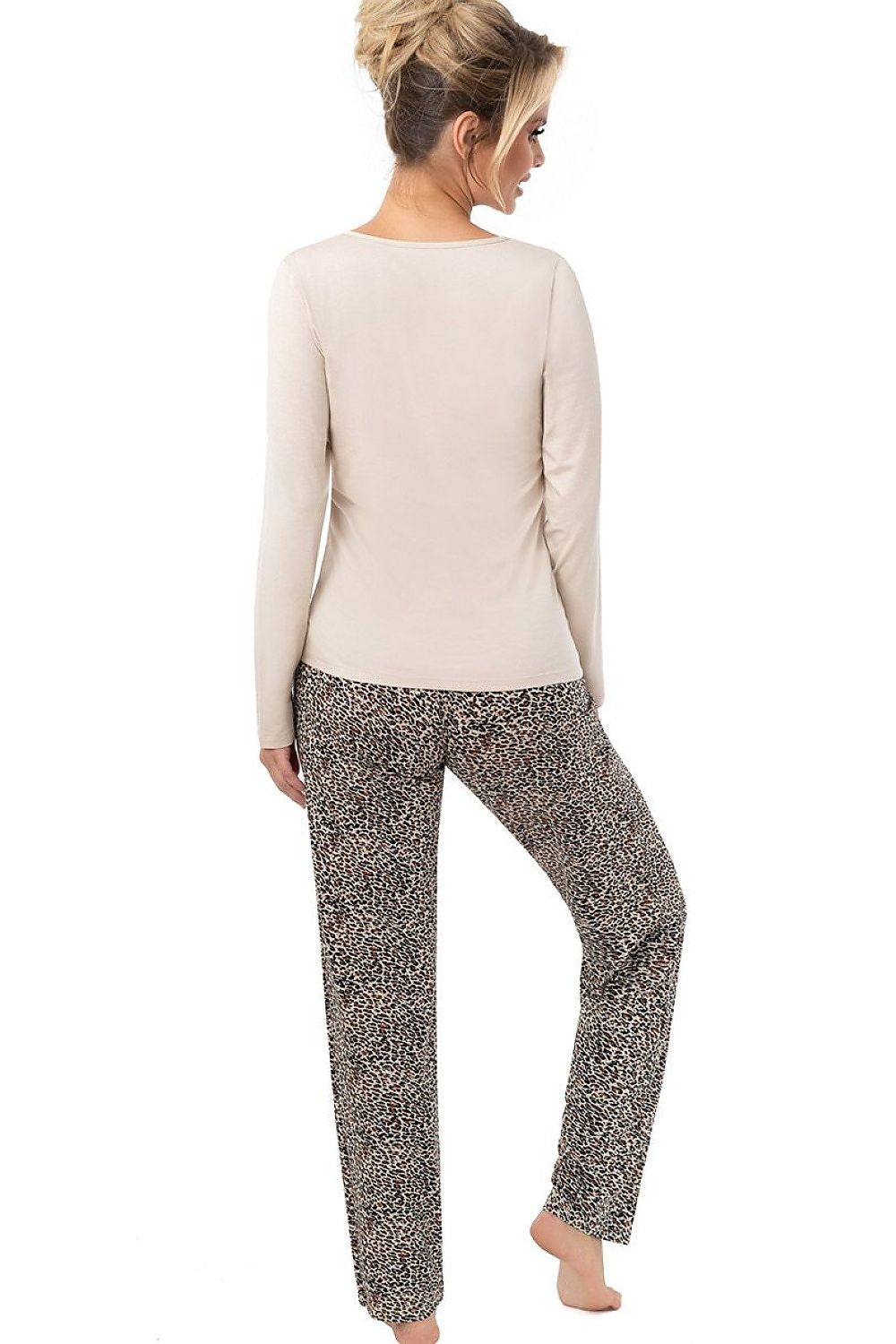 Women's Omari Long pyjama set with a beige long-sleeved top and black leopard-print trousers. rear view