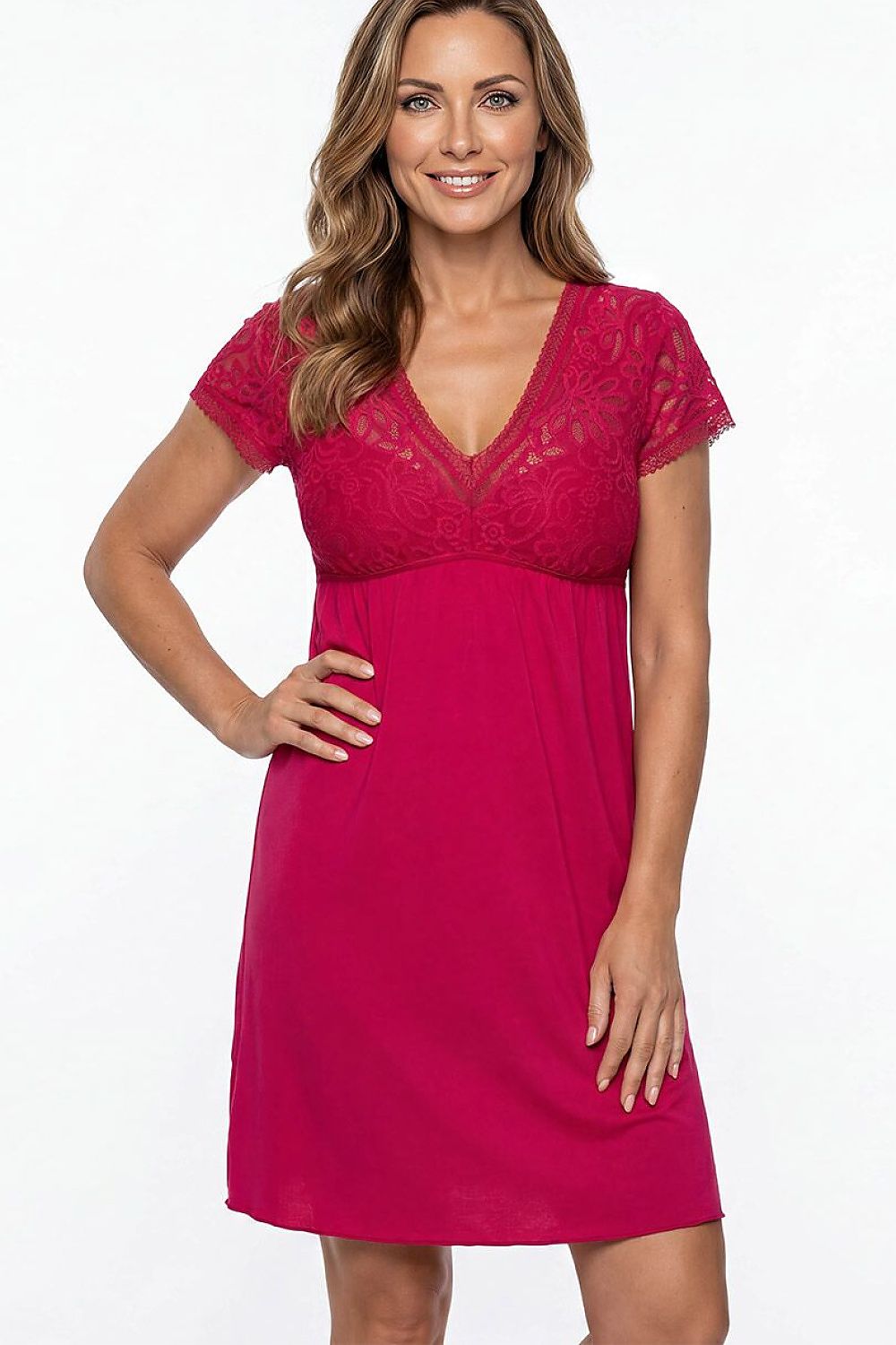 Elegant red knee-length nightdress with feminine lace detailing and a comfortable relaxed fit.