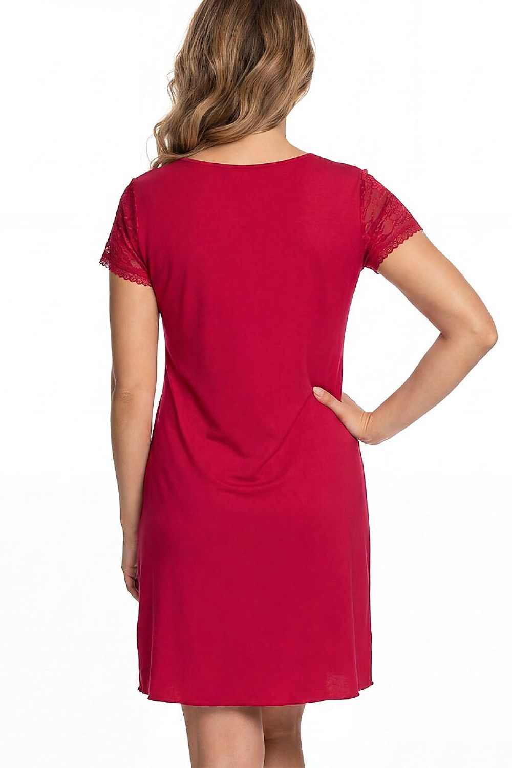 Elegant red knee-length nightdress with feminine lace detailing and a comfortable relaxed fit. rear view