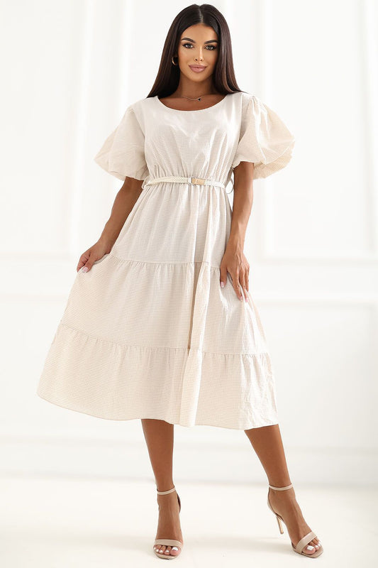  The Amelia Gingham Midi Dress in beige featuring a timeless check pattern, puff sleeves and a flattering belted waist-2