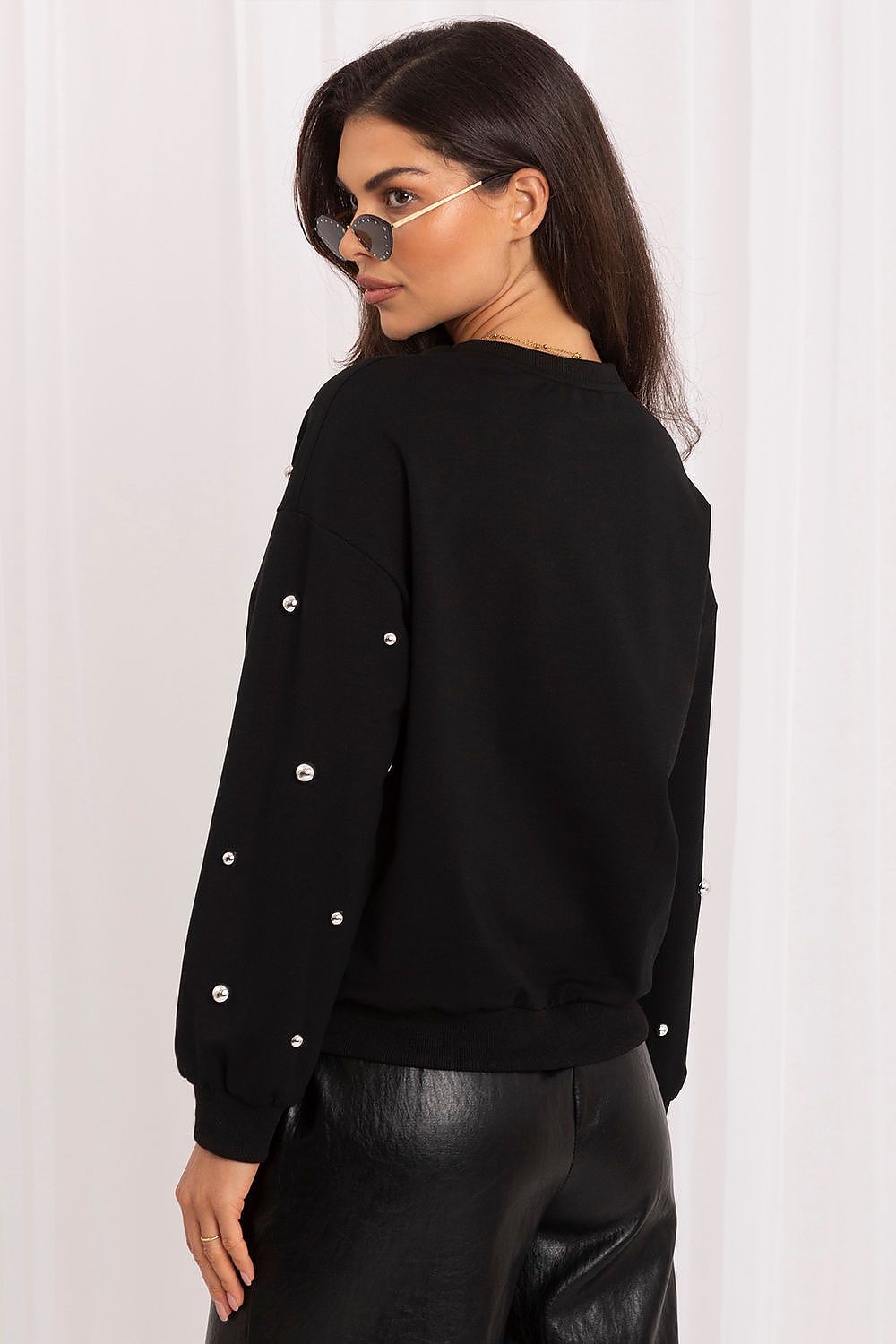  Women's black blouse with decorative studs, round neckline and long sleeves-rear-view