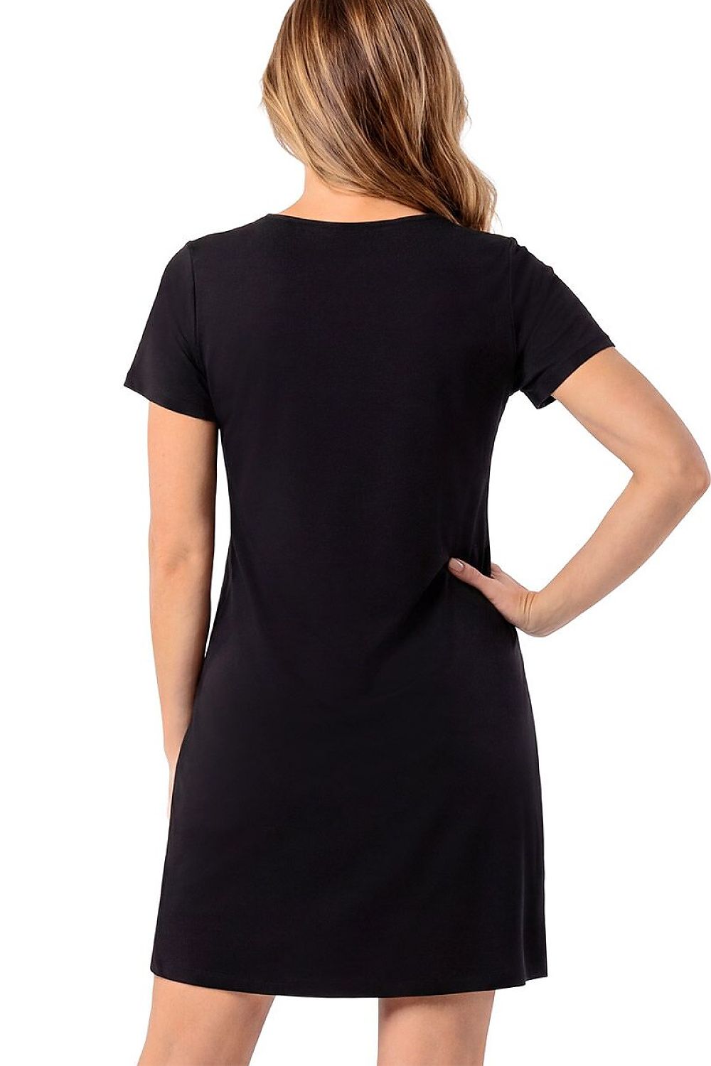 Black women's nightie featuring an elasticated under-bust band and comfortable knee-length cut. rear view