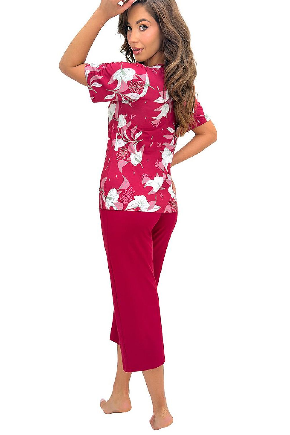  Women's Brigitte red floral pyjama set with a patterned top and burgundy three-quarter-length trousers. rear view