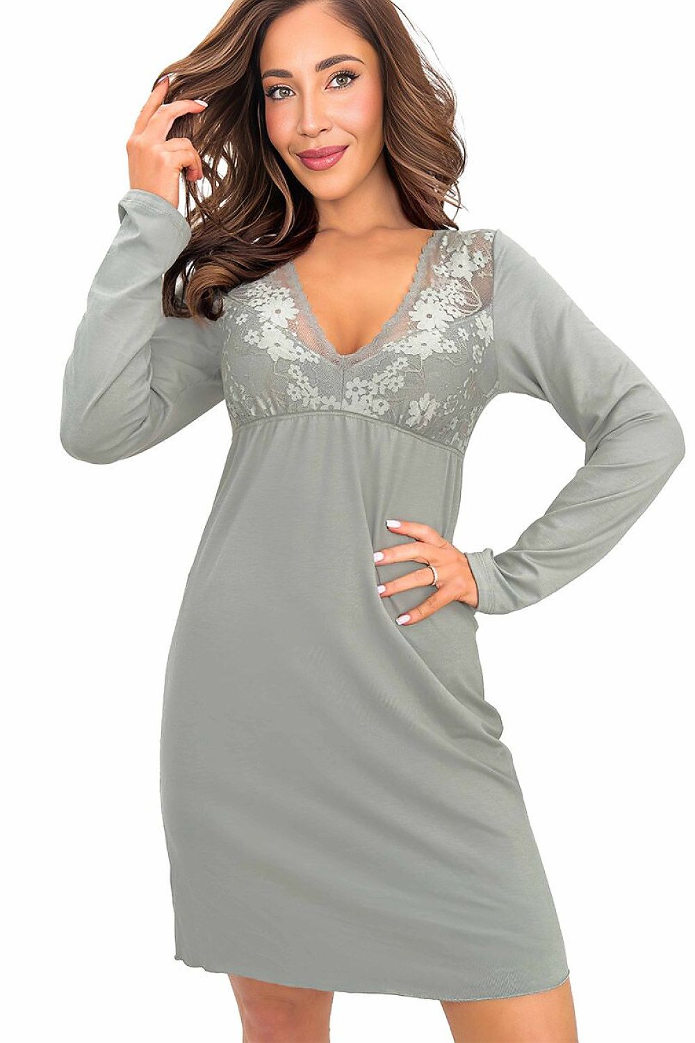 Green women's nightie featuring an elasticated under-bust band and comfortable knee-length cut.