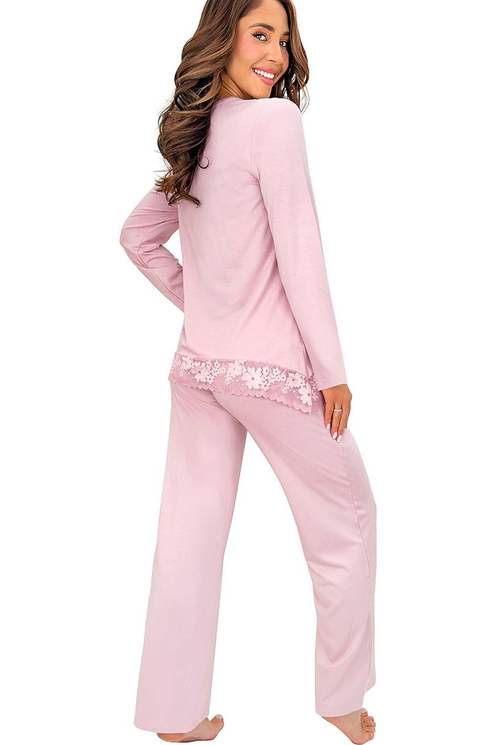 Pink women's nightwear featuring a relaxed-fit top and matching full-length trousers. rear view