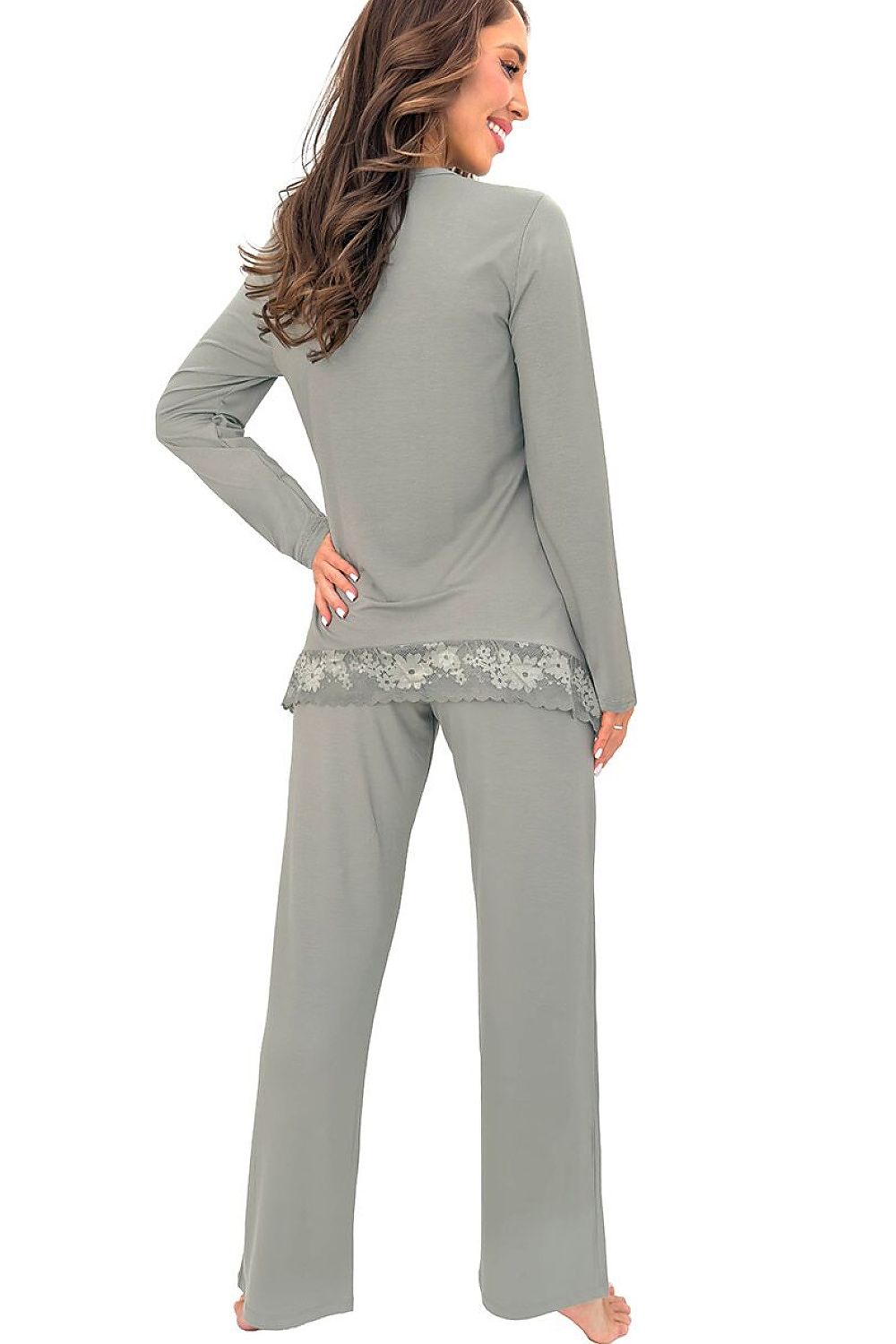  Green women's long pyjamas featuring a soft flowing top and full-length trousers. rear view