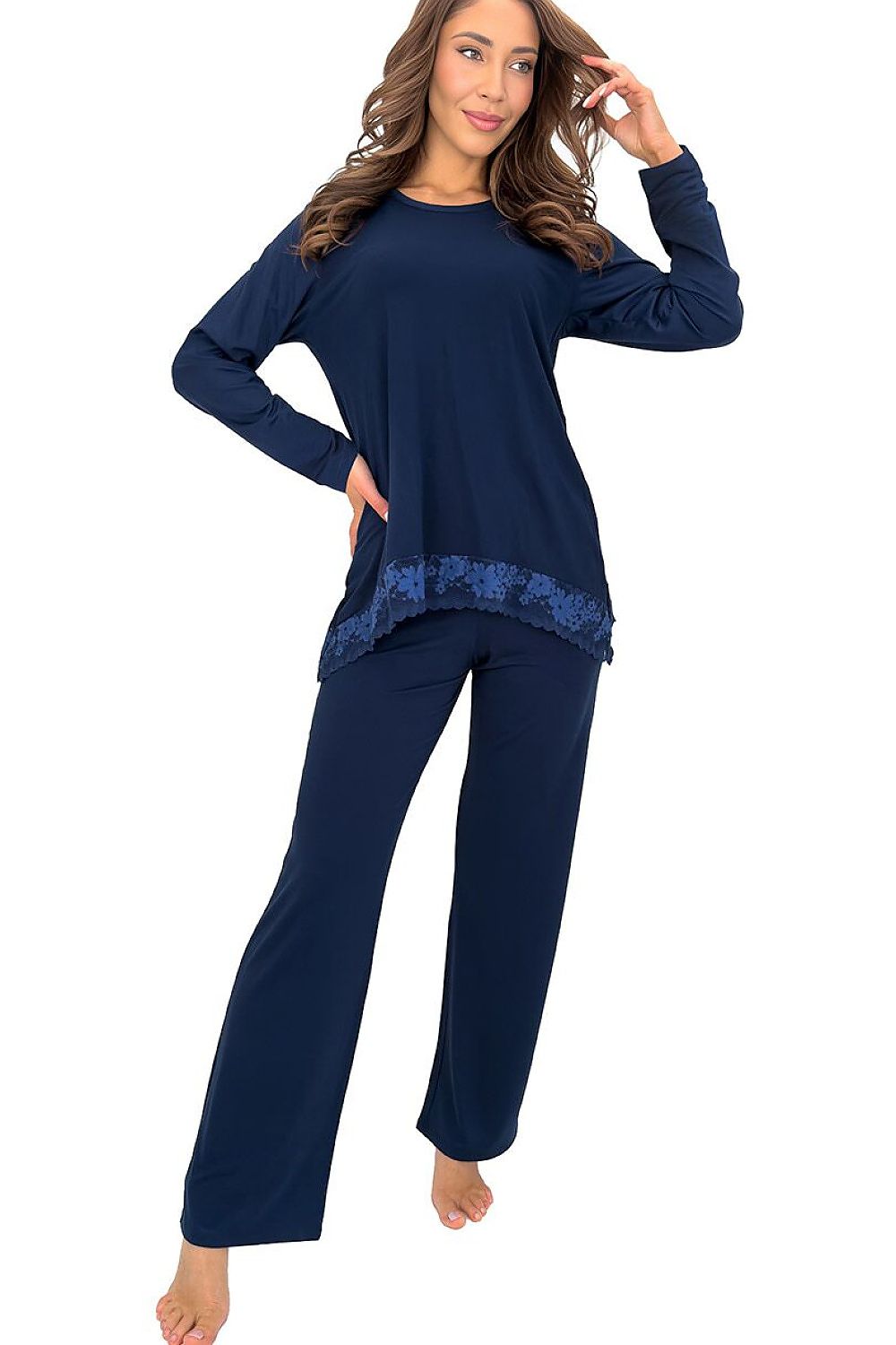 Women's navy Ramona Long viscose pyjama set with long sleeves and delicate lace accents.