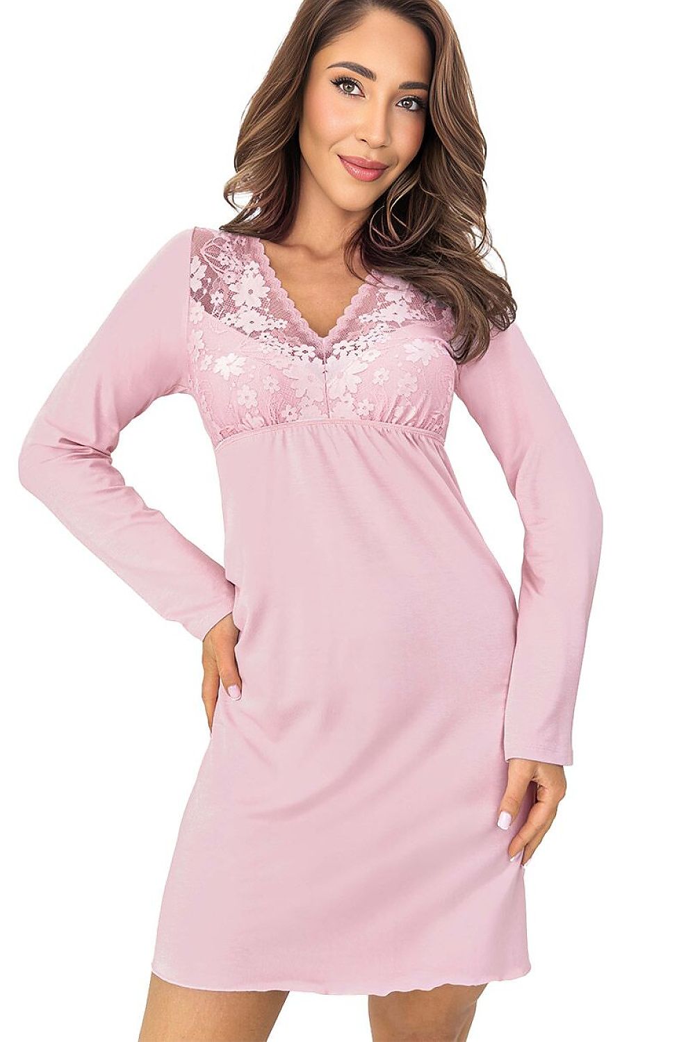 Elegant pink viscose nightdress featuring a feminine lace-trim neckline and relaxed lower section.