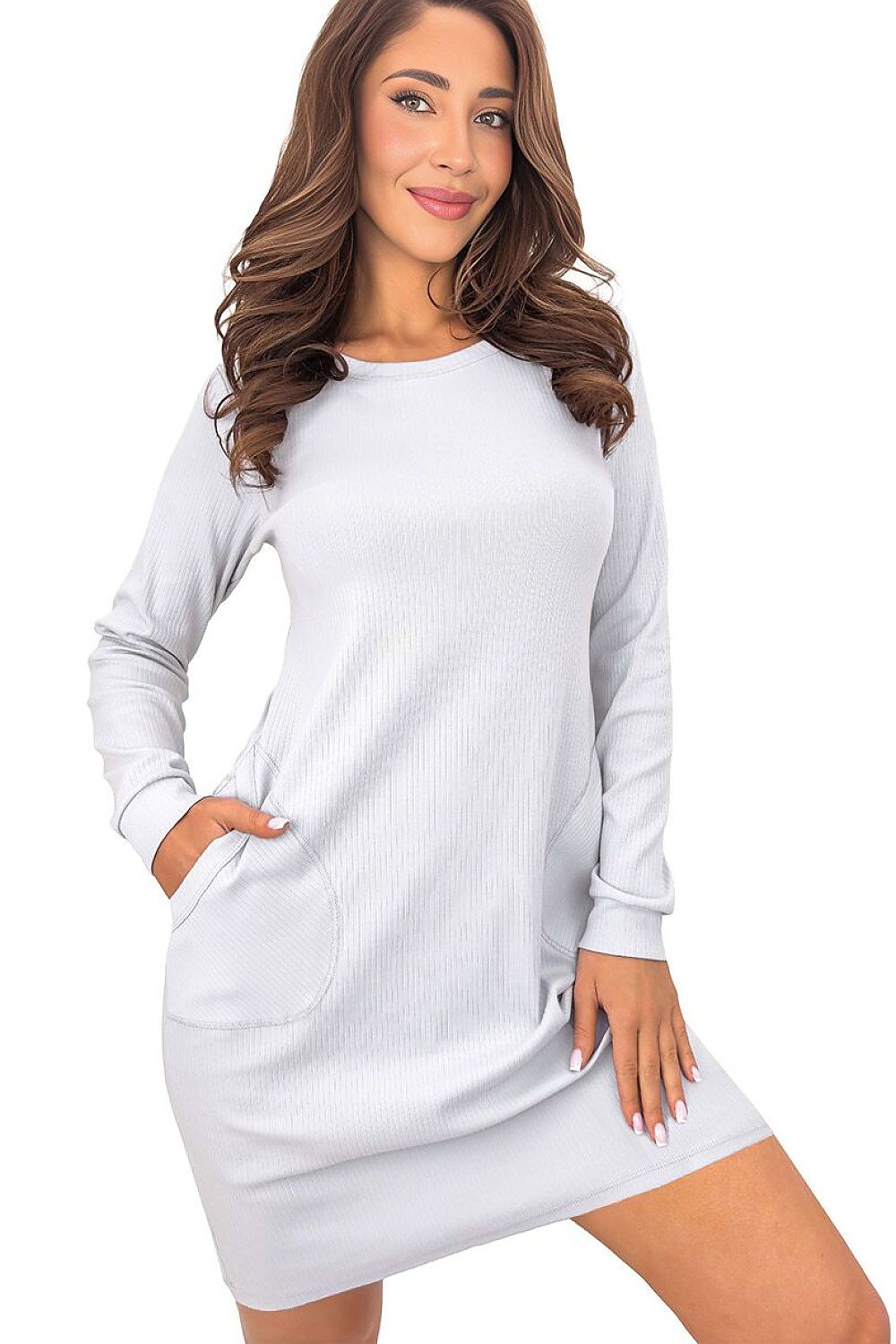 Women's blue Home cotton-blend ribbed nightdress with long sleeves and functional pockets.