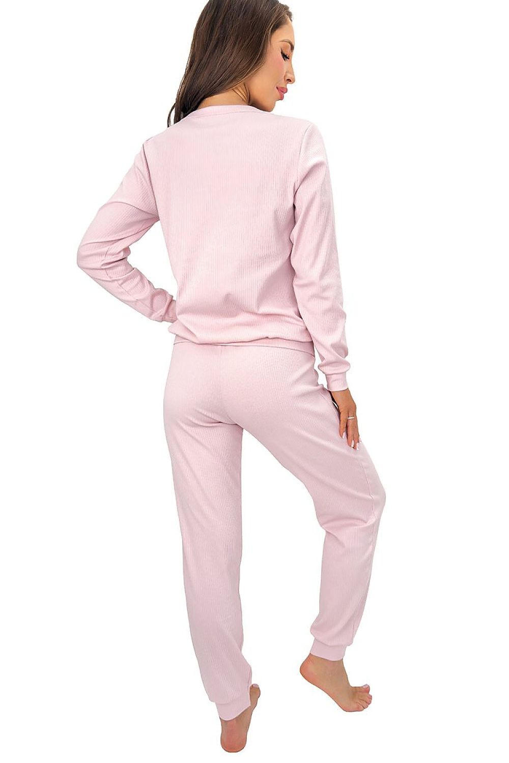  Women's pink Home cotton-blend ribbed pyjama set with long-sleeved top and cuffed trousers rear view
