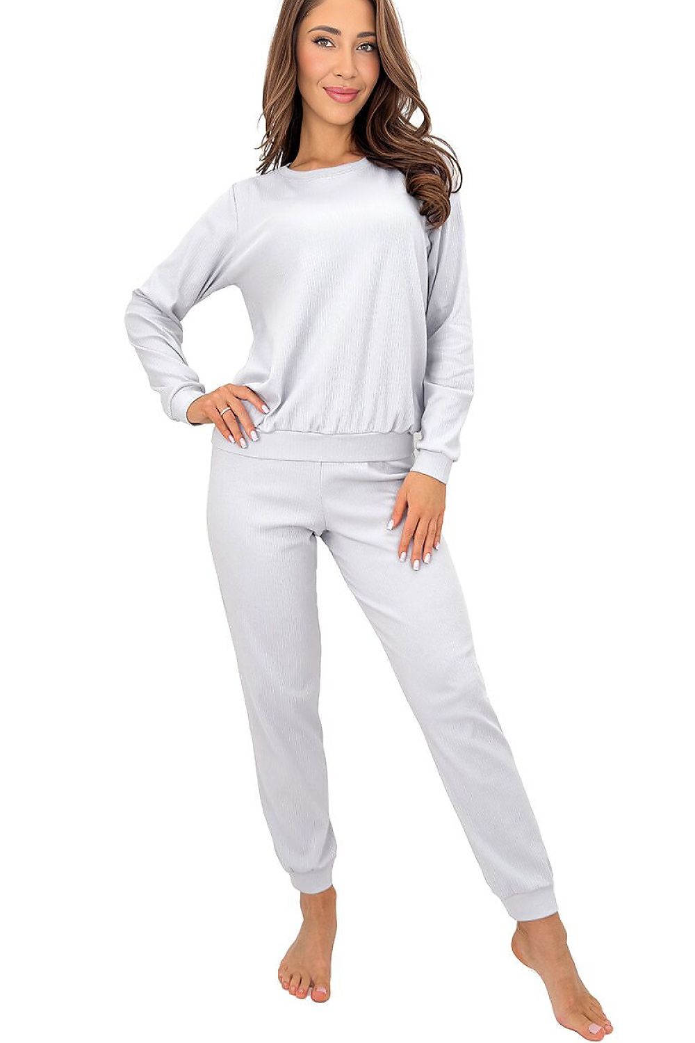 Women's grey Home cotton-blend ribbed pyjama set with long-sleeved top and cuffed trousers.