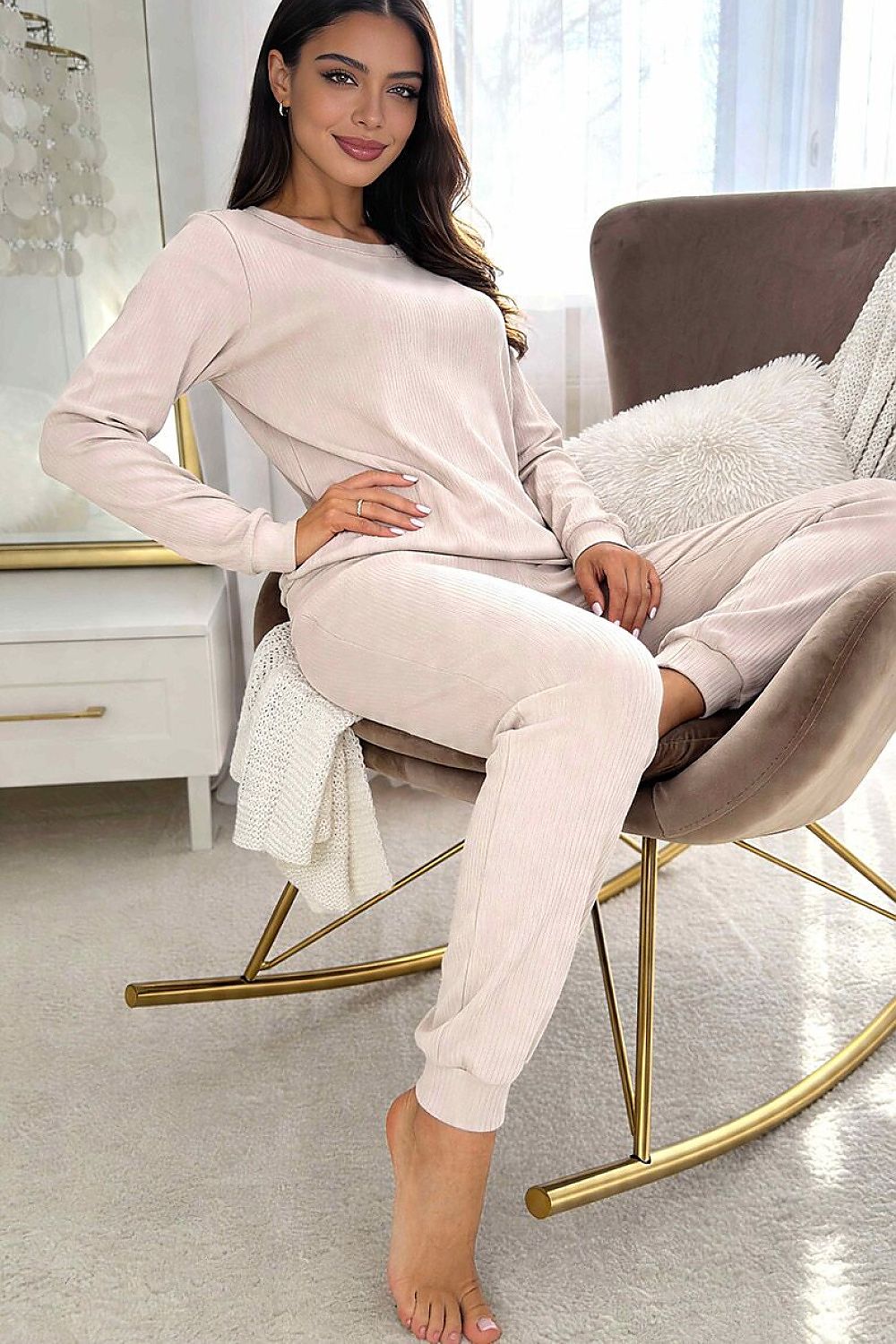 Women's beige Home ribbed cotton-blend pyjama set with long sleeves and full-length trousers. 2