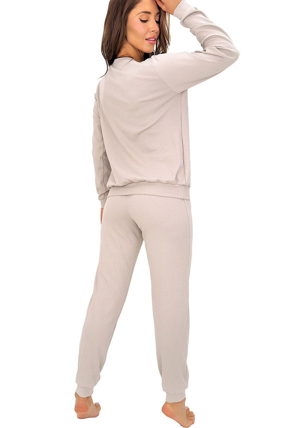 Women's beige Home ribbed cotton-blend pyjama set with long sleeves and full-length trousers. rear view