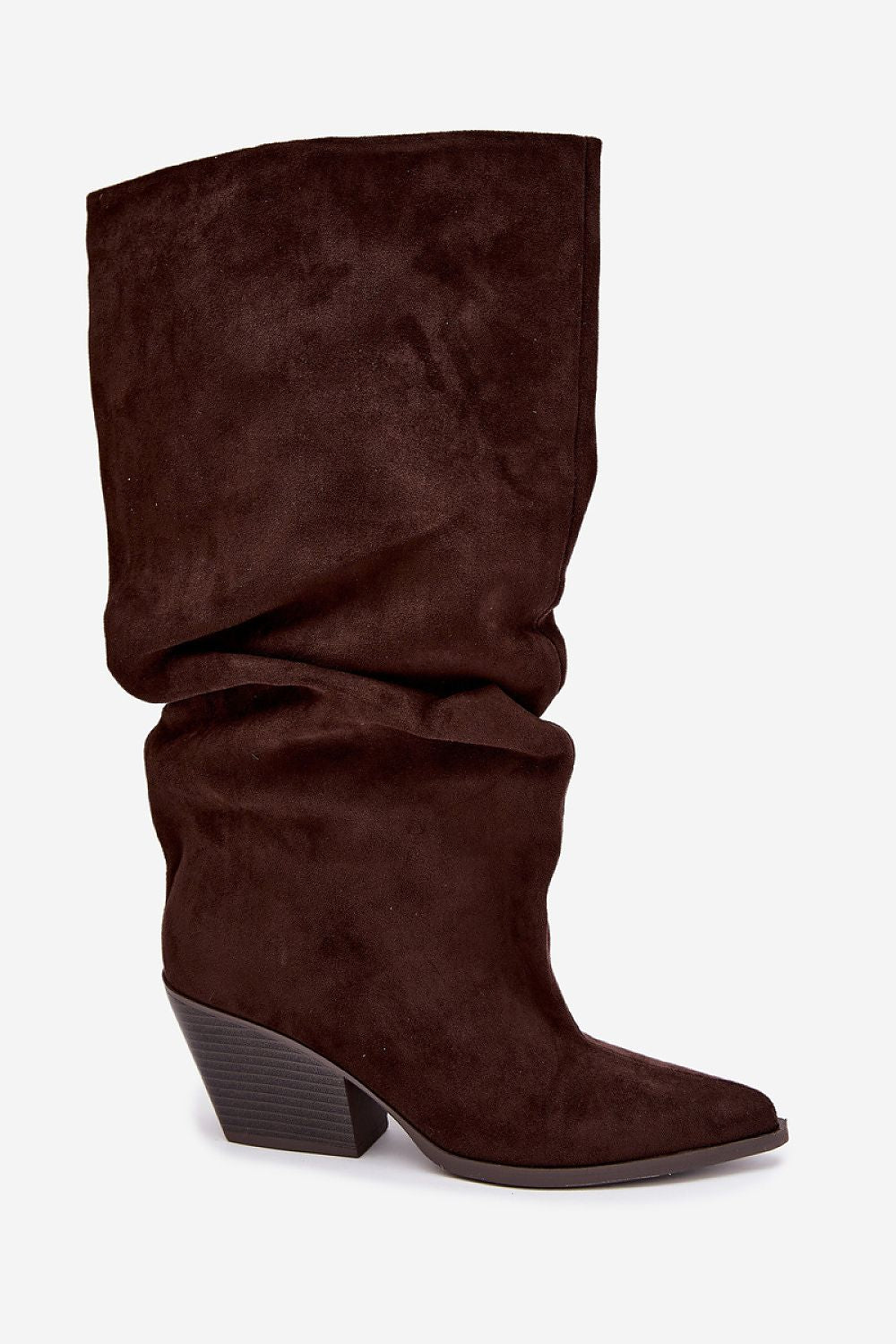 A dark brown suede slouchy mid-calf boot with a pointed toe and a low block heel, shown against a plain white background.