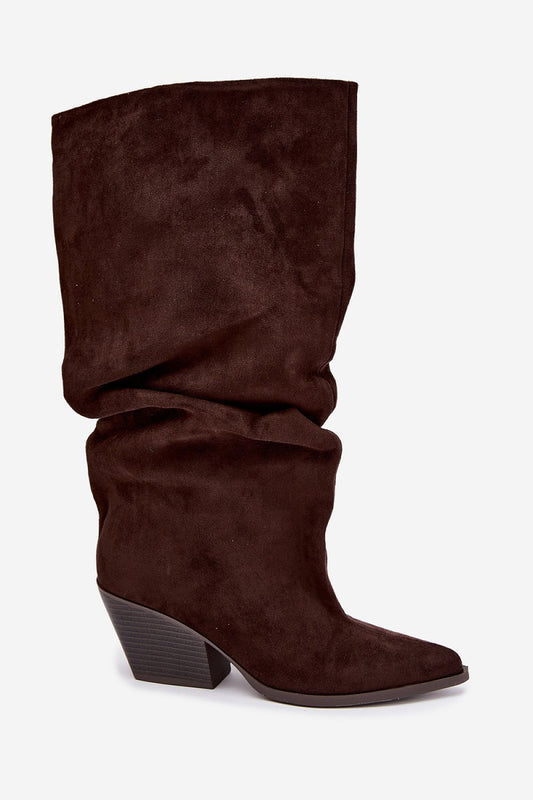 A dark brown suede slouchy mid-calf boot with a pointed toe and a low block heel, shown against a plain white background.