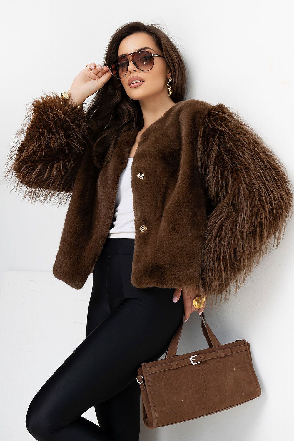  Women's brown elegant textured jacket styled for autumn and winter