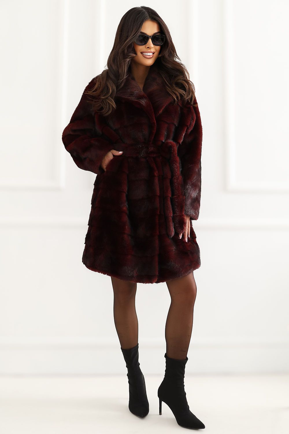  Women's red knee-length belted wool-blend coat with wide lapels