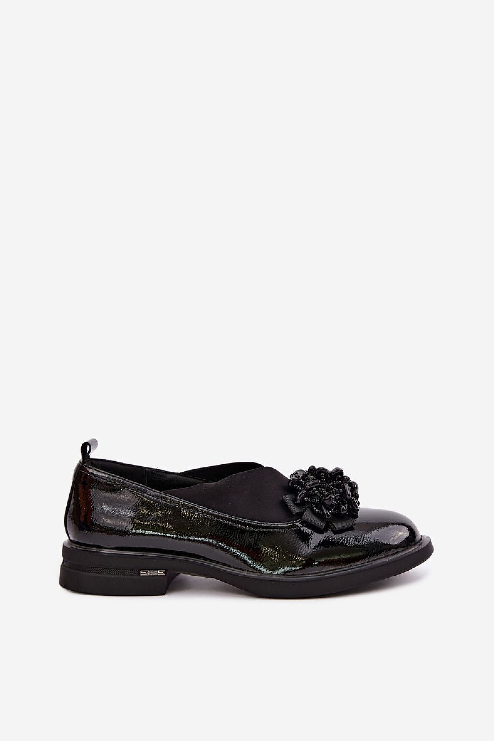  Women's black natural leather shoes with decorative ornament and flat heel-2