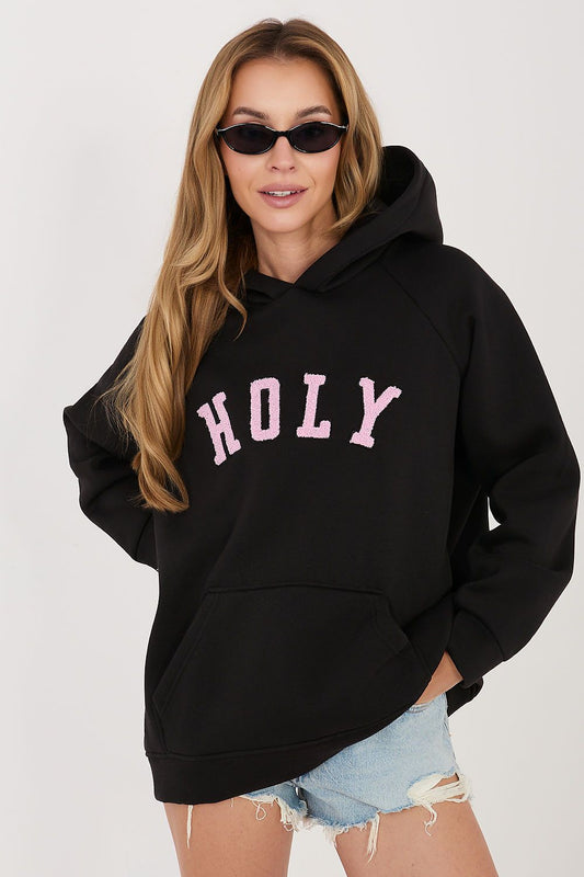  Women's black hoodie with embroidered front logo and kangaroo pocket