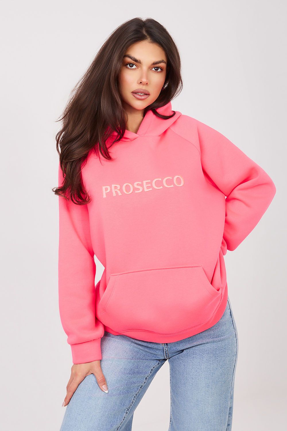  Women's pink hooded sweatshirt with embroidered front inscription
