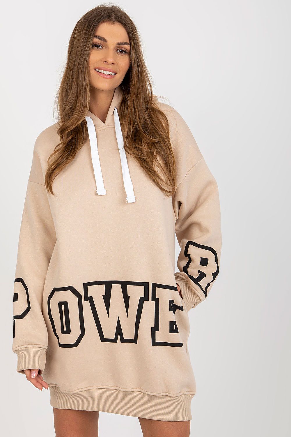  Women's beige oversized longline hoodie dress with lettering and side pockets