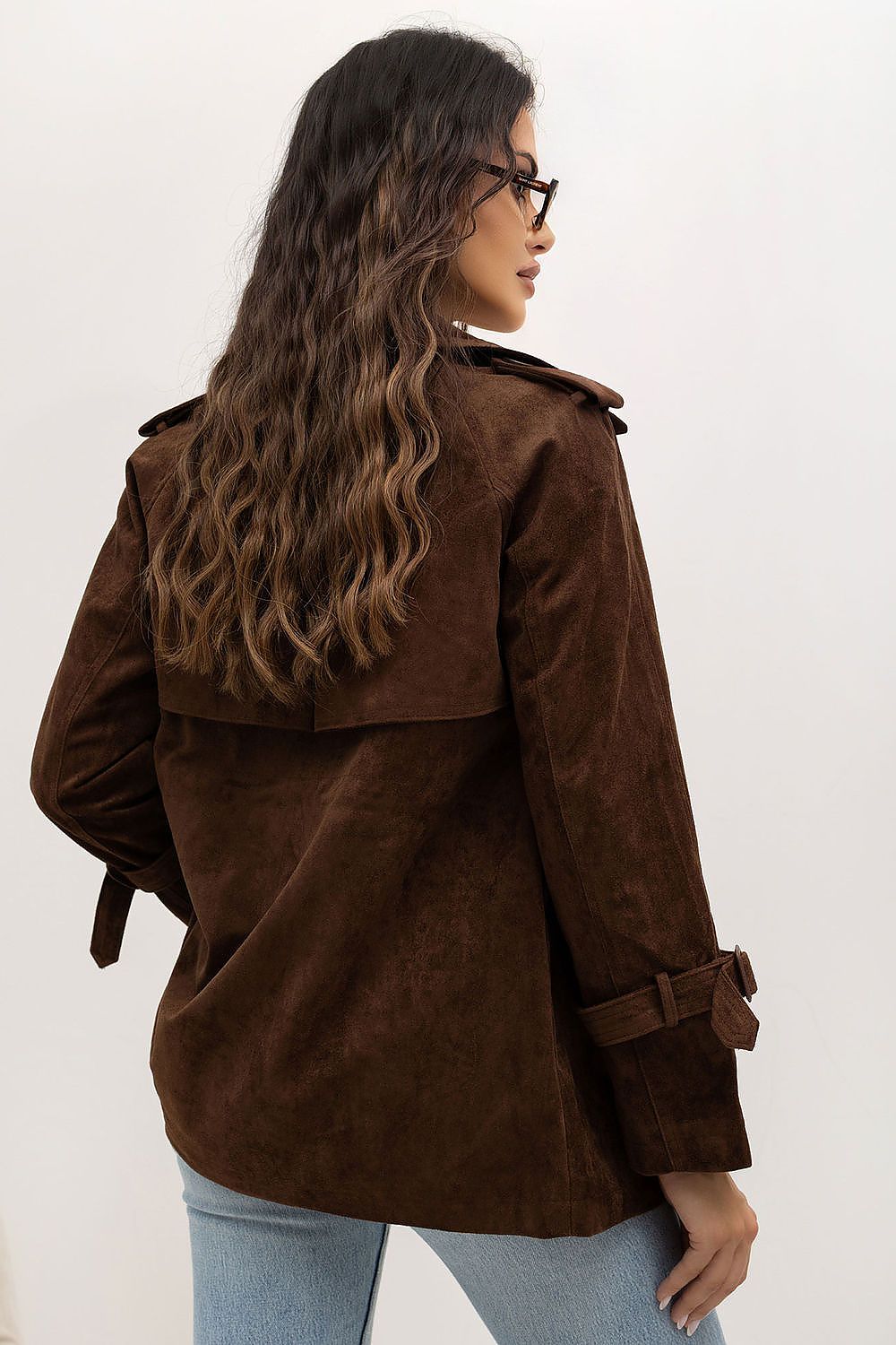  Women's brown suede-style double-breasted jacket with classic collar and lapels rear view
