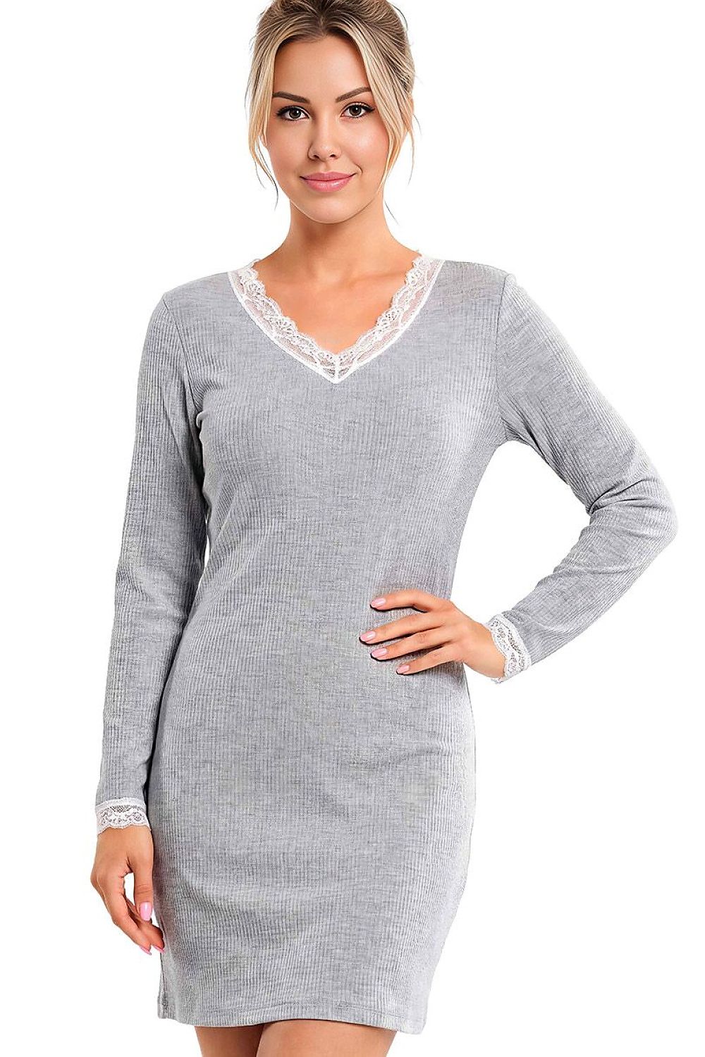  Women's grey Megi II nightdress with long sleeves and delicate lace-trimmed V-neckline.