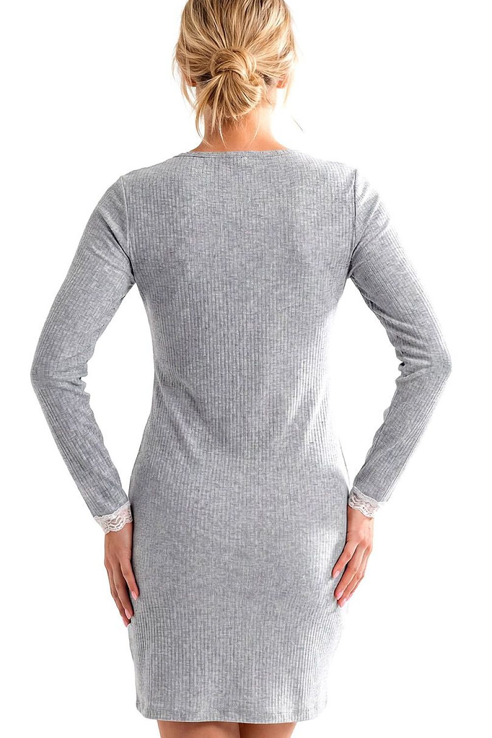  Women's grey Megi II nightdress with long sleeves and delicate lace-trimmed V-neckline. rear view