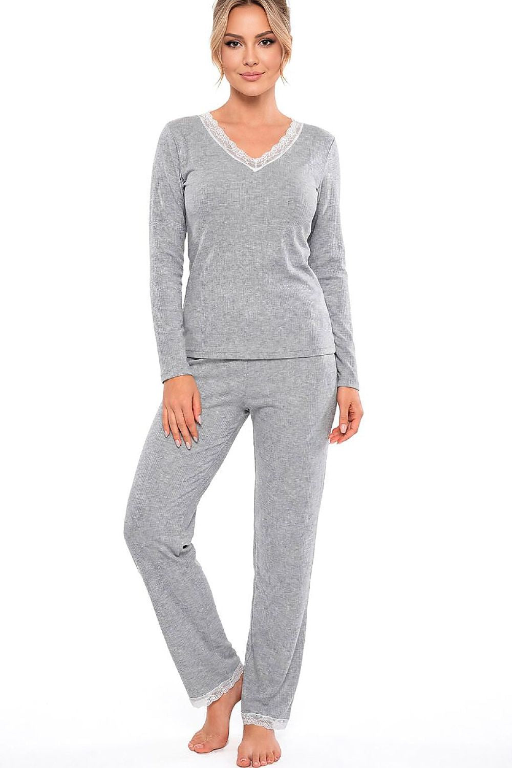  Women's grey Megi melange pyjama set with long sleeves and delicate lace V-neckline.
