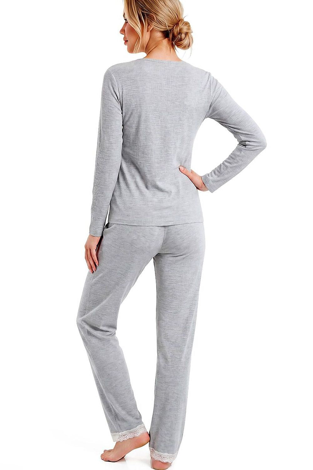 Women's grey Megi melange pyjama set with long sleeves and delicate lace V-neckline. rear view
