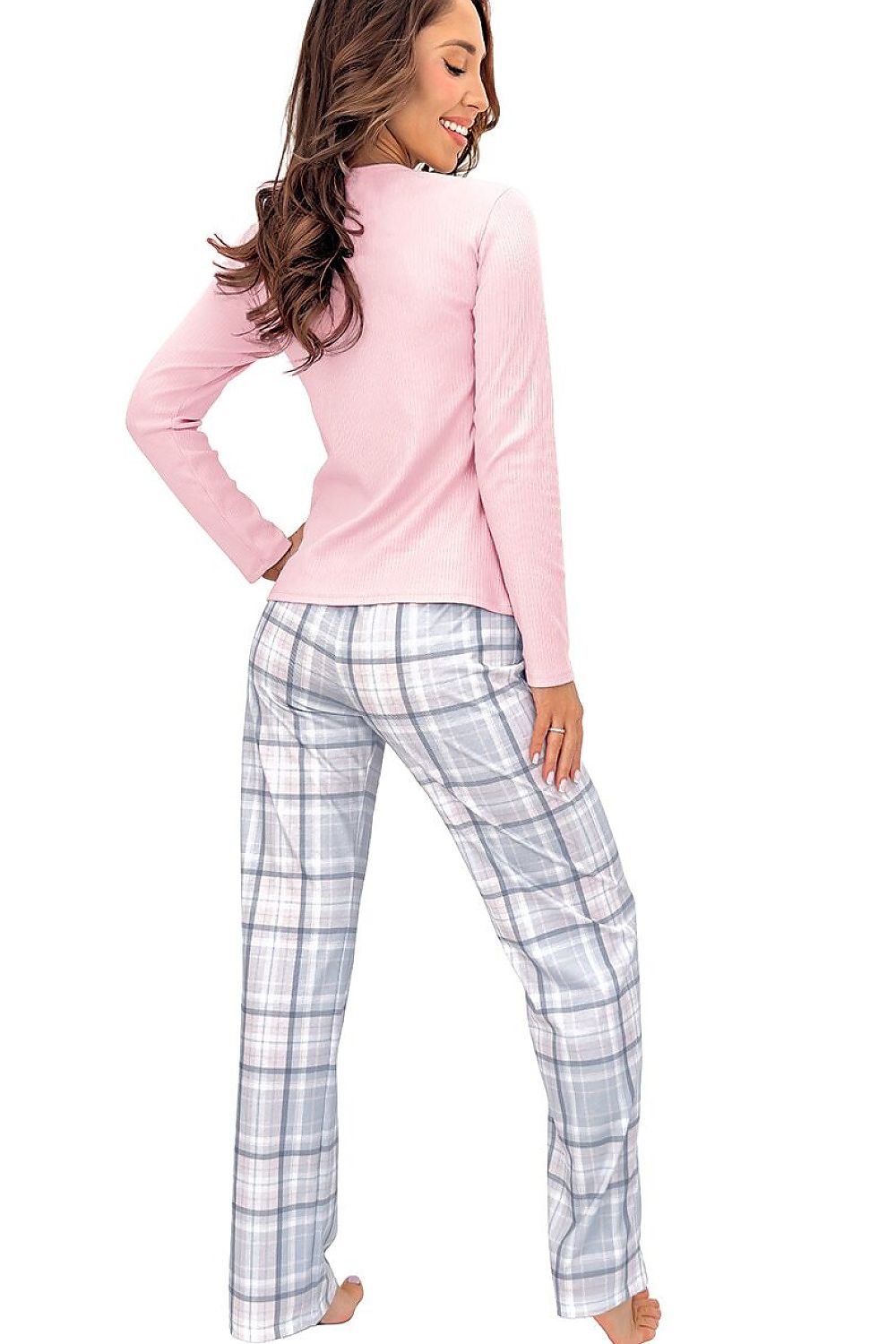  Women's Dani Long pyjama set in pink-grey with a long-sleeved ribbed top and checked trousers. rear view