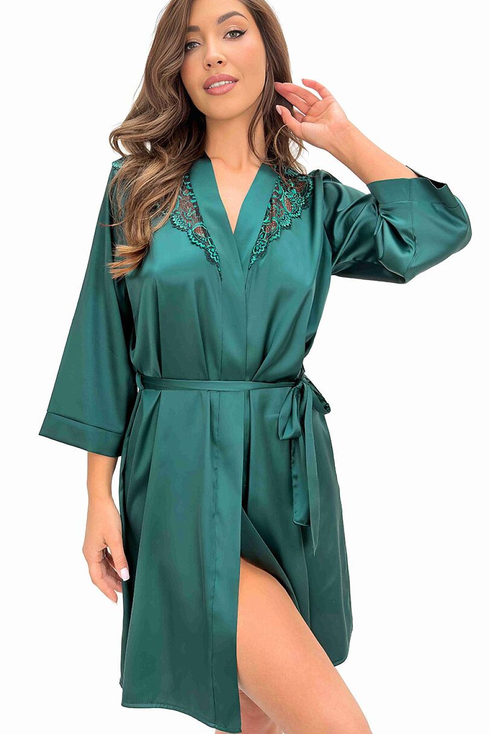 Green satin-look dressing gown with three-quarter-length sleeves and mid-thigh hem. 2