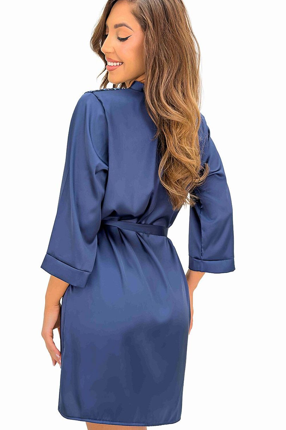 Women's blue satin dressing gown with delicate lace neckline and adjustable waist tie. rear view