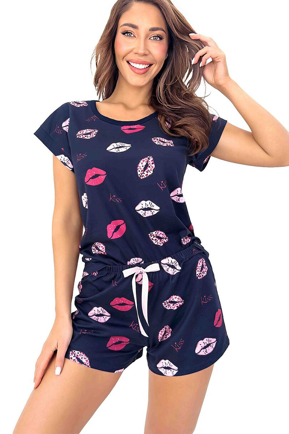 Women's navy Kiss cotton pyjama shorts set with pink and light-coloured lip print.
