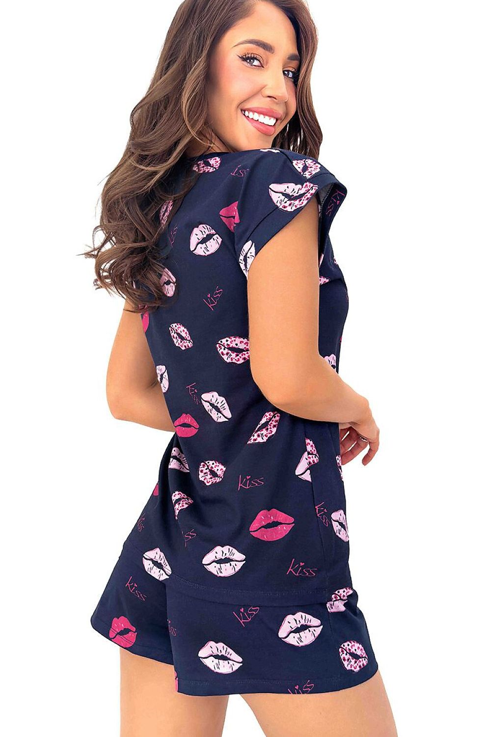 Women's navy Kiss cotton pyjama shorts set with pink and light-coloured lip print. rear view