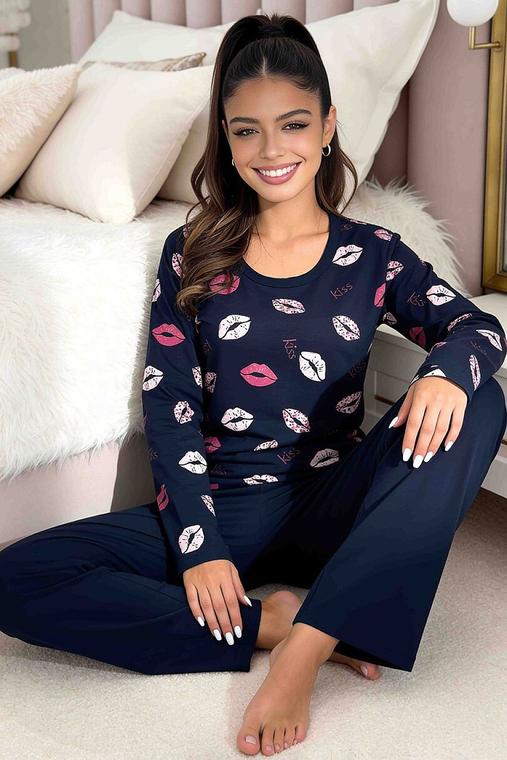 Women's navy cotton pyjama set with long-sleeved top featuring pink and beige lip print-2