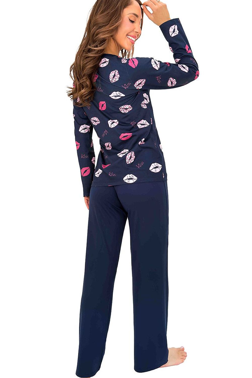  Women's navy cotton pyjama set with long-sleeved top featuring pink and beige lip print rear view