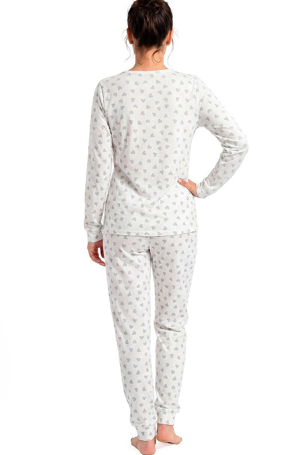 Women's grey cotton pyjama set with delicate heart print, long-sleeved top and full-length trousers rear view
