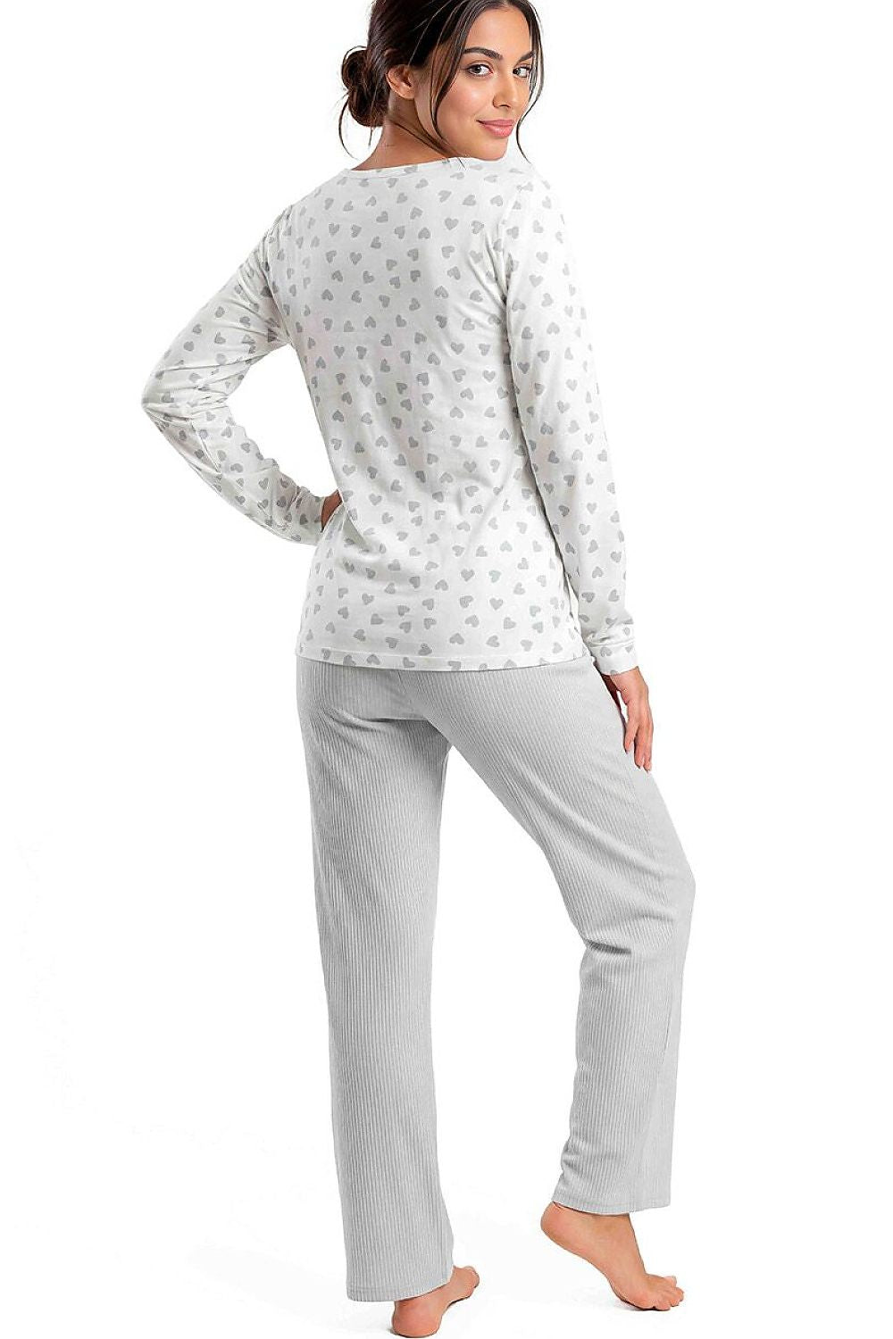 Women's grey cotton pyjama set with delicate heart print, long-sleeved top and full-length trousers-5