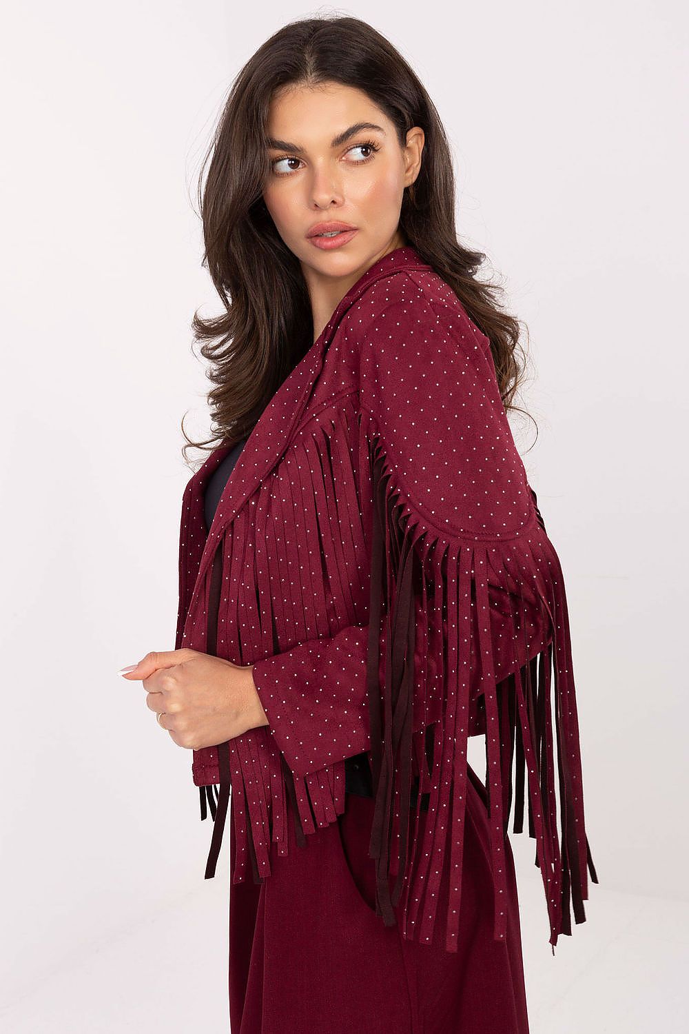  Red women’s statement jacket with fringe sleeves, front and back
