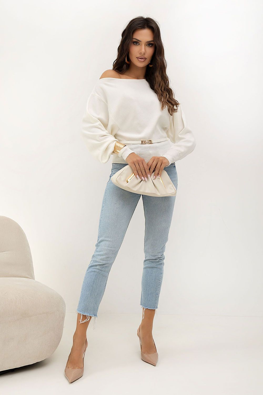 Beige women’s elegant sweater with decorative fastened belt