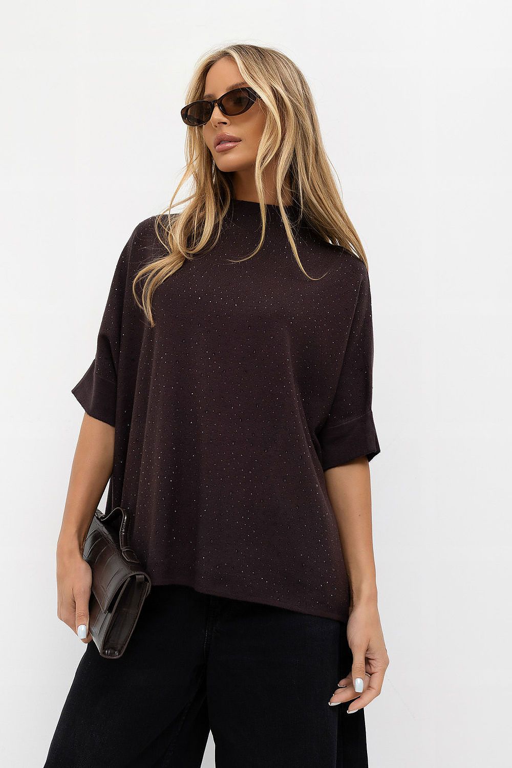 Women's brown oversized turtleneck sweater with short sleeves and rhinestone detailing