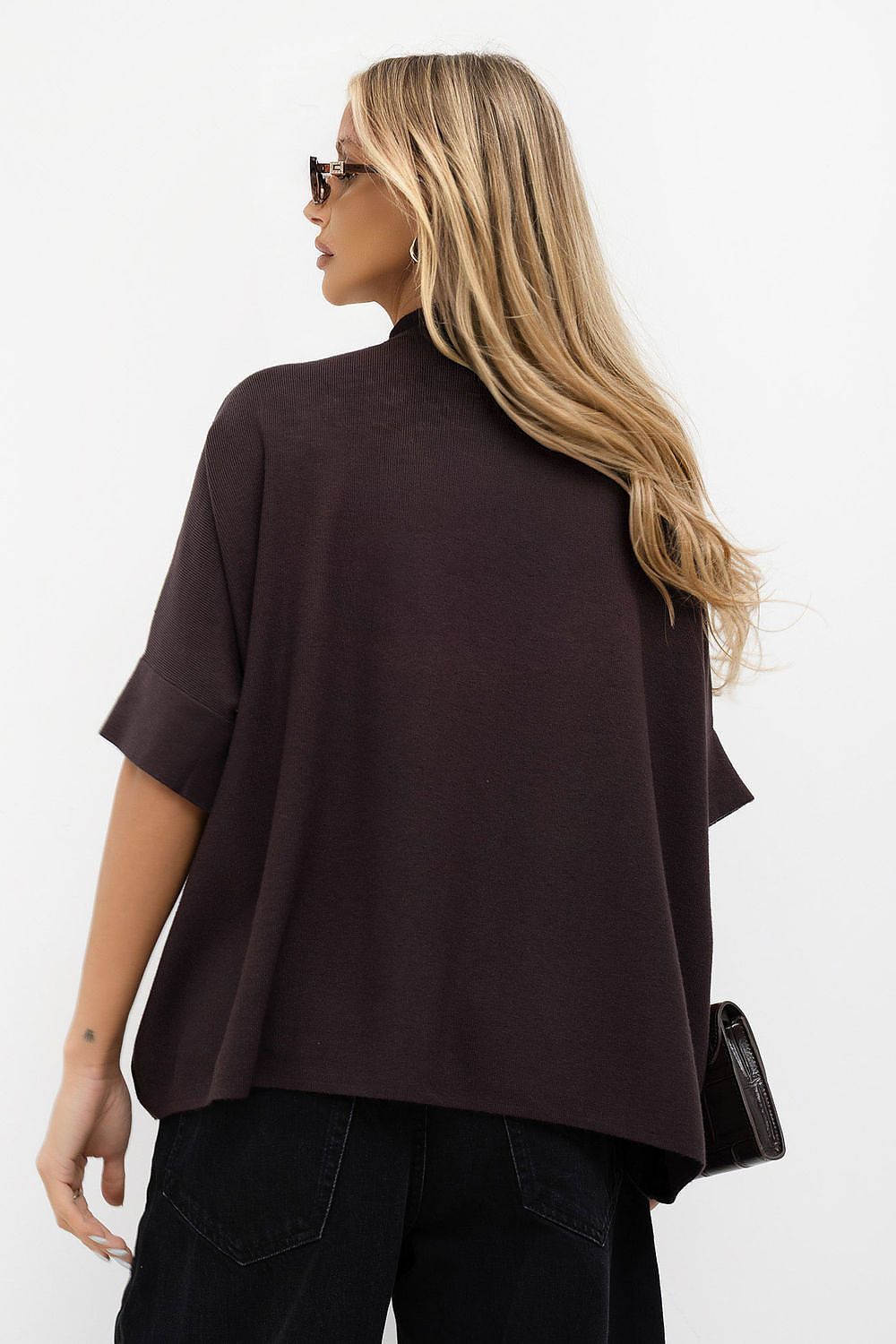 Women's brown oversized turtleneck sweater with short sleeves and rhinestone detailing-rear-view
