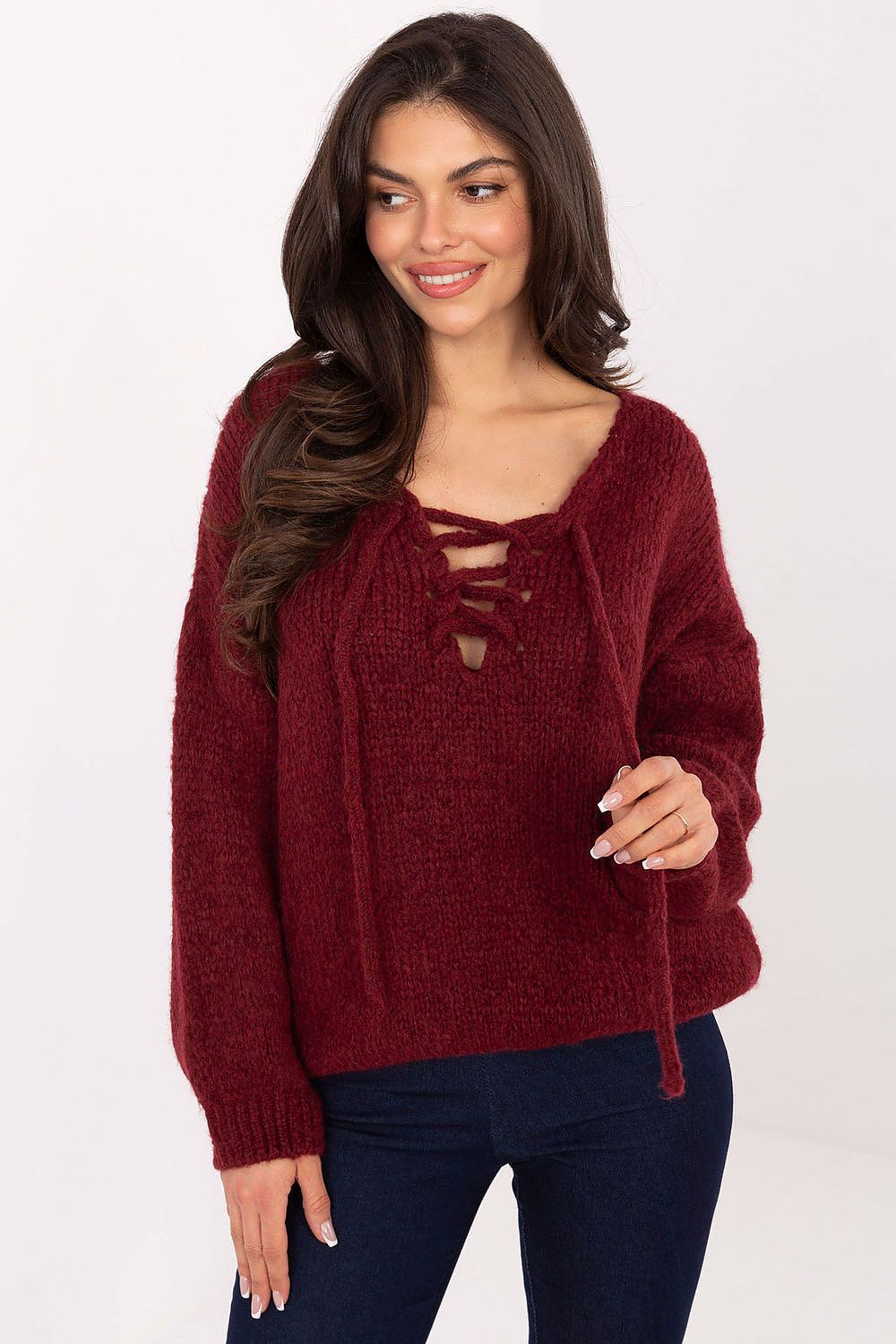 Women's red sweater with corset-style front lacing and long sleeves
