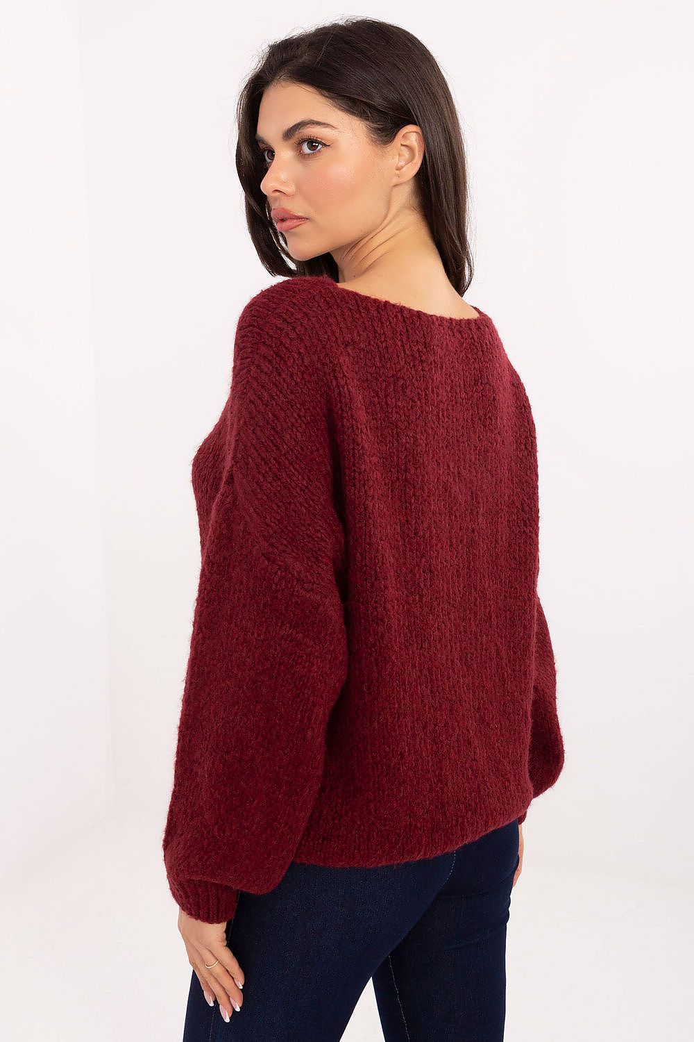 Women's red sweater with corset-style front lacing and long sleeves-rear-view